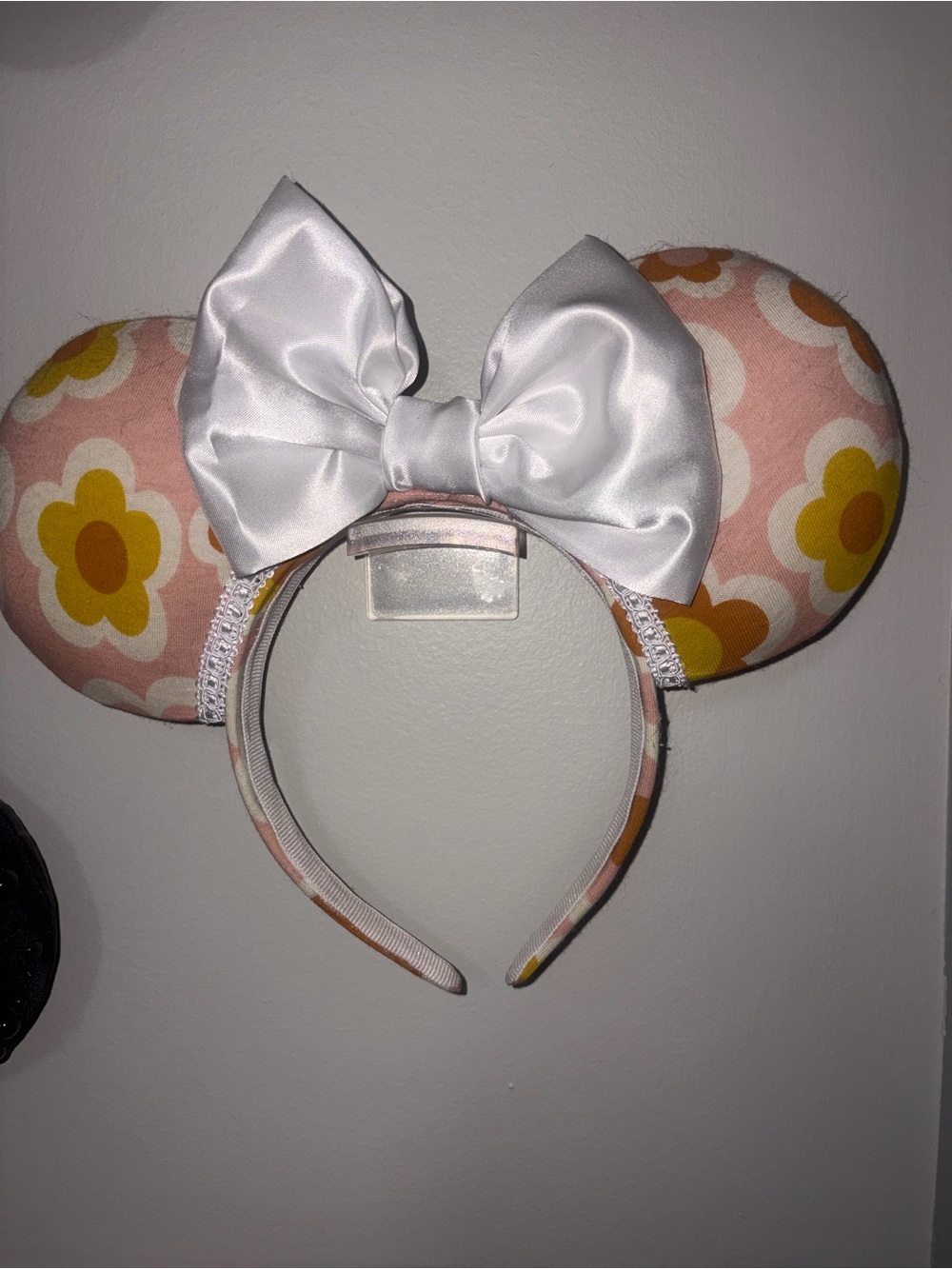Custom Pink Floral Minnie Ear Headband with White Satin Bow